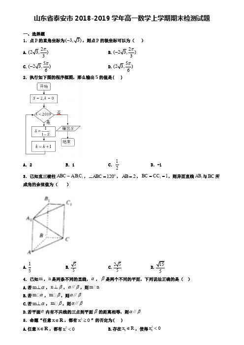 山东省泰安市2018-2019学年高一数学上学期期末检测试题