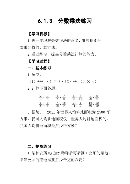 人教版6年级数学上册：第一单元 分数乘法练习 教案