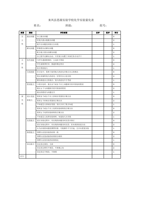 学生化学实验评价量化表