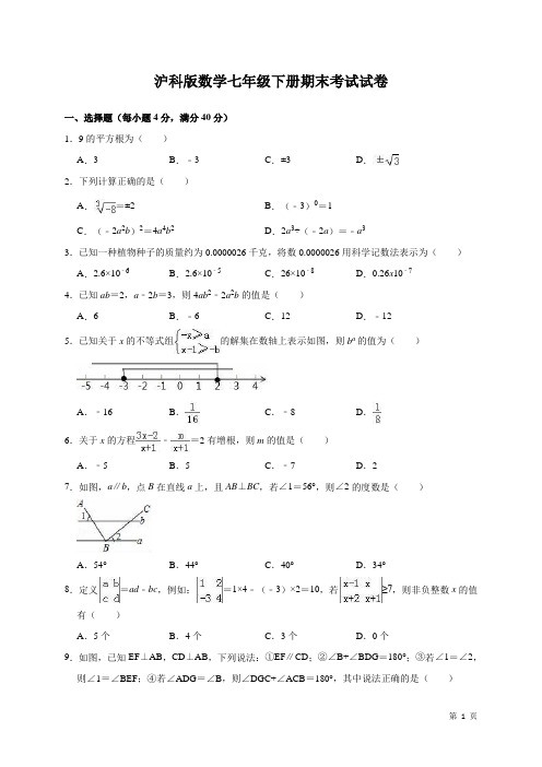 沪科版数学七年级下册期末考试试题及答案