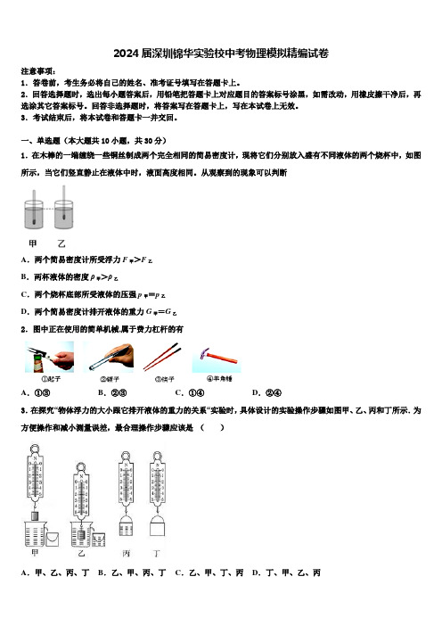 2024届深圳锦华实验校中考物理模拟精编试卷含解析