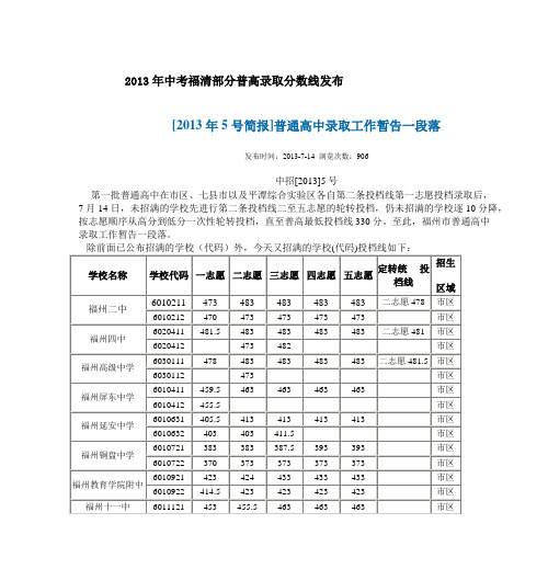 2013年中考福清部分普高录取分数线发布