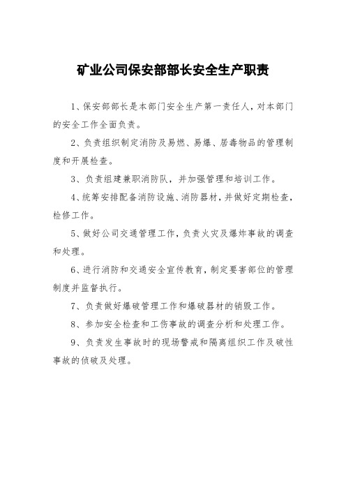 矿业公司保安部部长安全生产职责