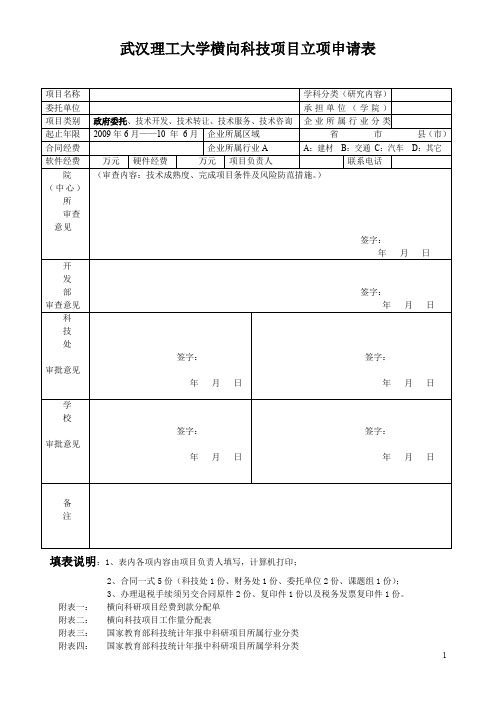 武汉理工大学横向科技项目立项申请表