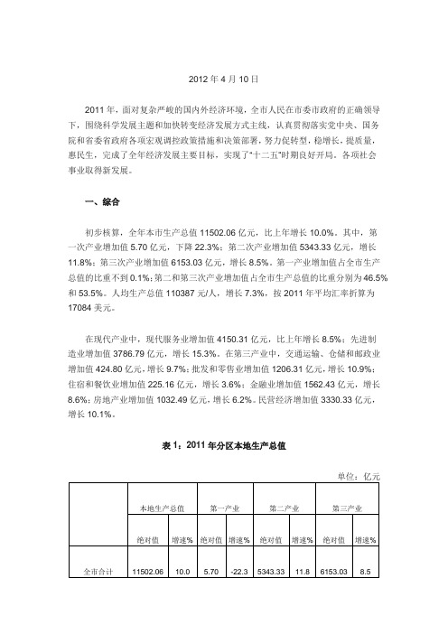 深圳市2011年国民经济和社会发展统计公报