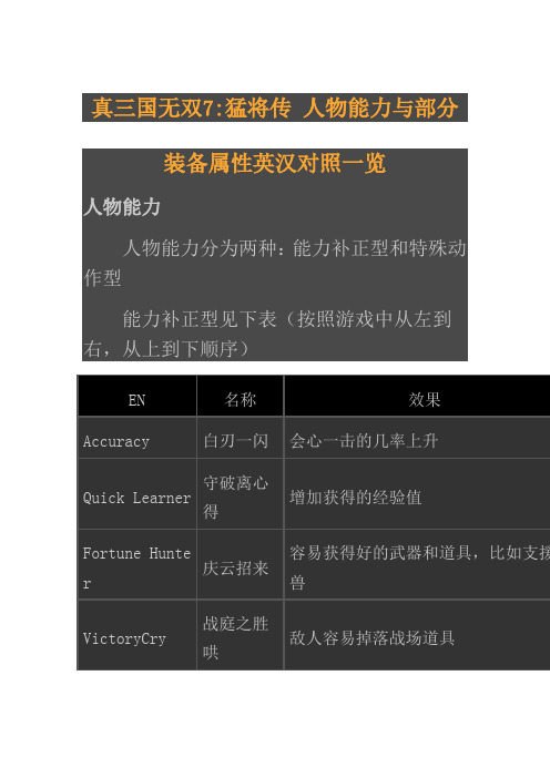 真三国无双7猛将传人物能力与部分装备属性英汉对照一览