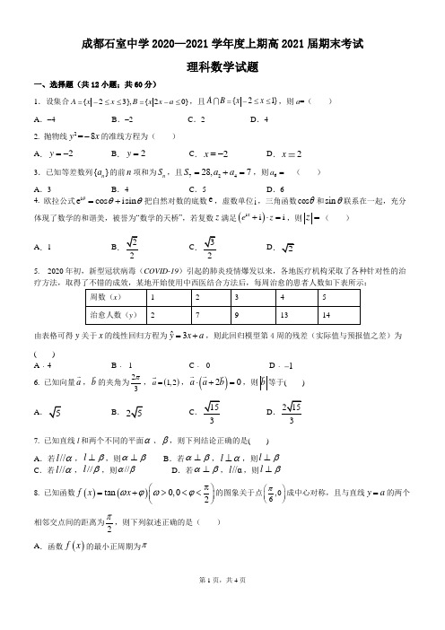 四川省成都市石室中学2021届高三上期期末考试数学(理)试题+PDF版含答案