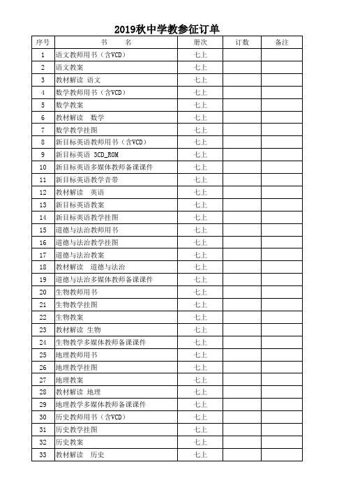 2019秋中小学教参征订单