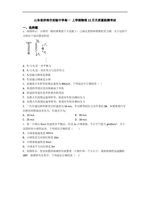 山东省济南市实验中学高一 上学期物理12月月质量检测考试