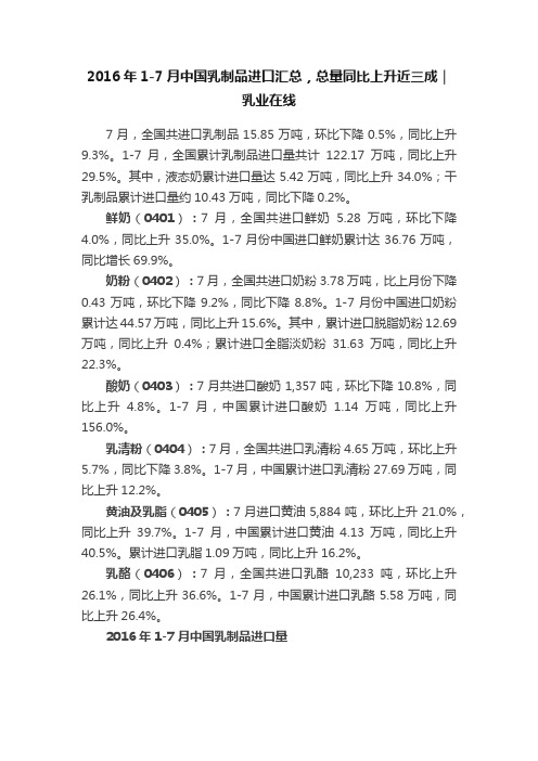 2016年1-7月中国乳制品进口汇总，总量同比上升近三成｜乳业在线