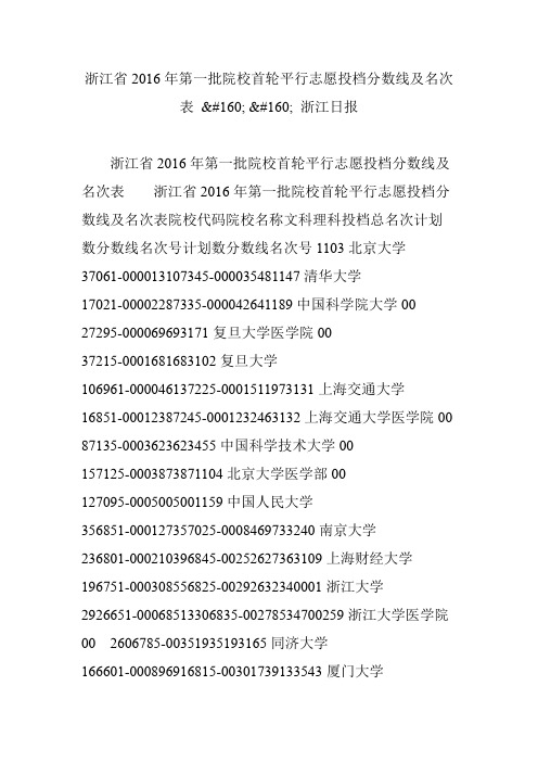 浙江省2016年第一批院校首轮平行志愿投档分数线及名次表   浙江日报