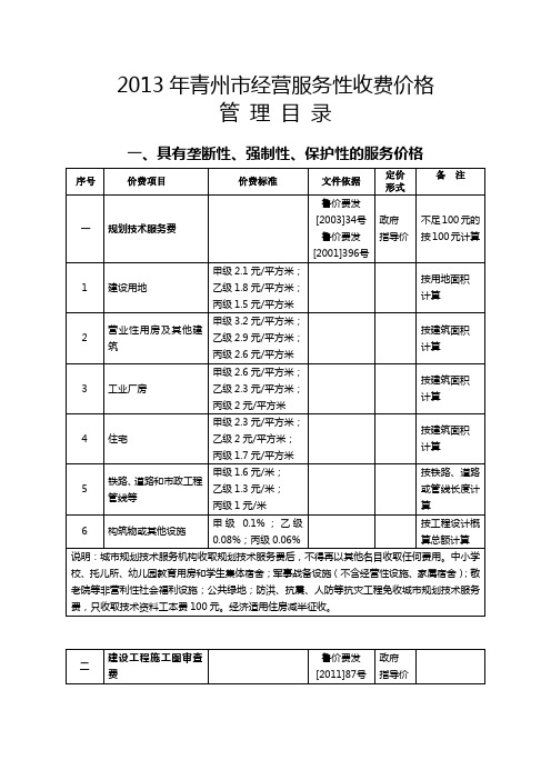 2013年青州经营服务性收费价格