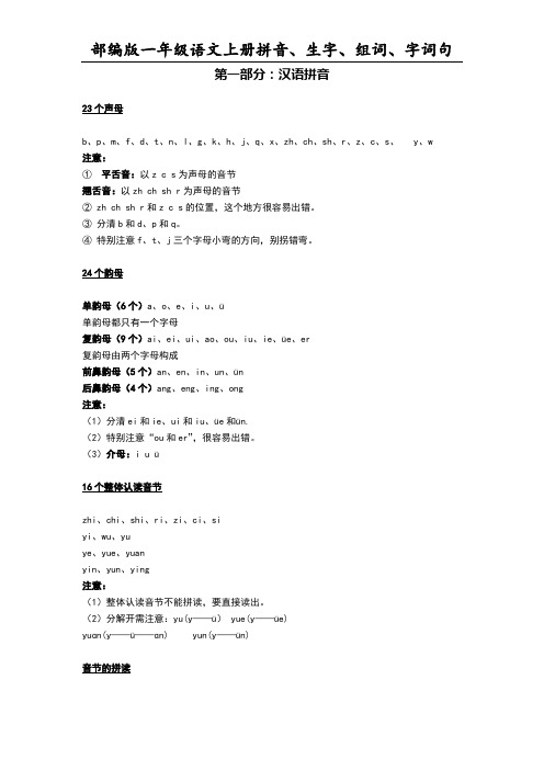 部编版一年级语文上册拼音、生字、组词、字词句