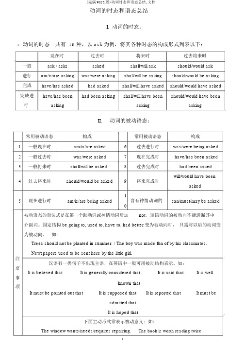 (完整word版)动词时态和语态总结,文档