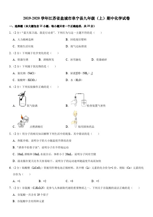 2019-2020学年江苏省盐城市阜宁县九年级(上)期中化学试卷