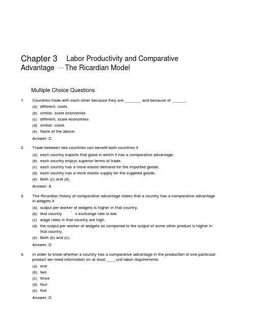 国际经济学作业答案第三章