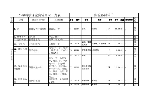 河北版小学科学实验目录及器材清单 第二学期