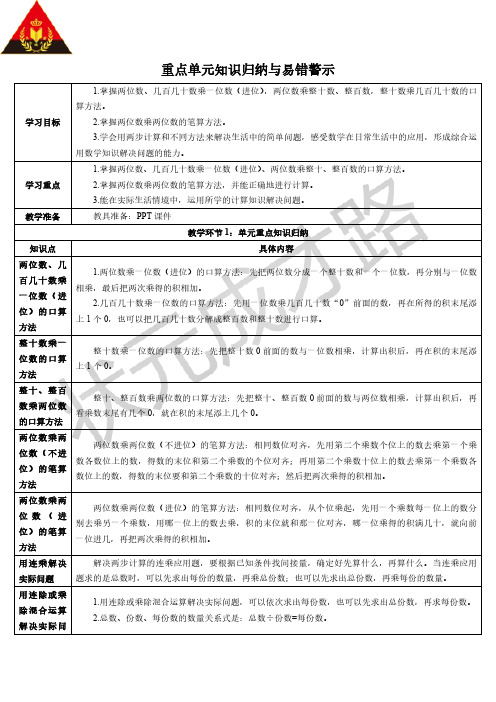 两位数乘两位数重点单元知识归纳与易错警示