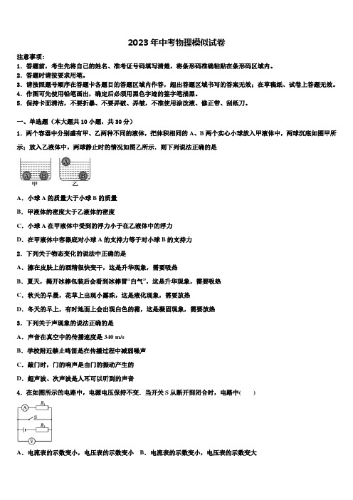 2023届广西南宁市武鸣区市级名校中考物理全真模拟试题含解析