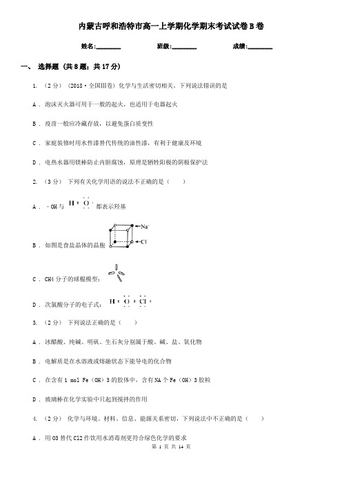 内蒙古呼和浩特市高一上学期化学期末考试试卷B卷(模拟)