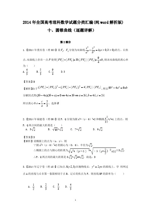 2014年全国高考理科数学试题分类汇编(word解析版可编辑)(十)圆锥曲线(逐题详解)