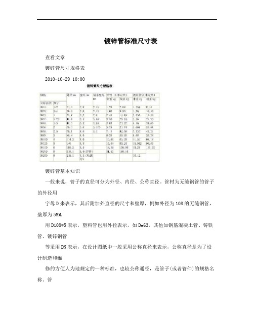 镀锌管标准尺寸表