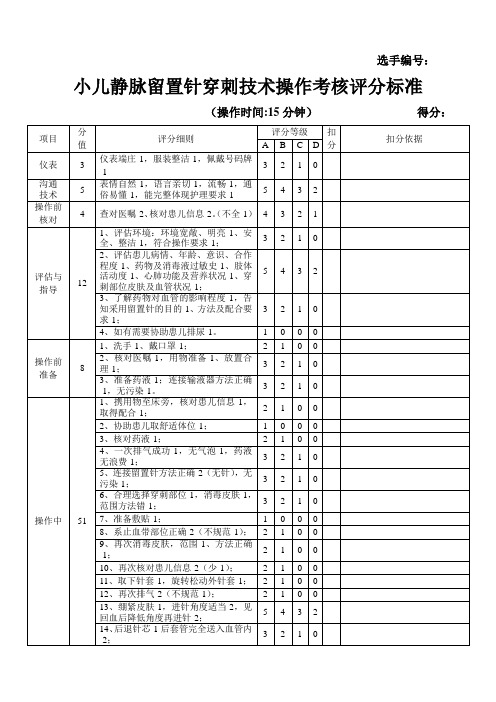 小儿静脉留置针穿刺技术操作考核评分标准