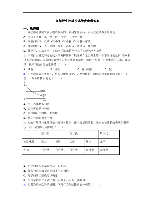 九年级生物模拟试卷含参考答案