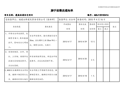 现场脚手架存在问题整改通知单