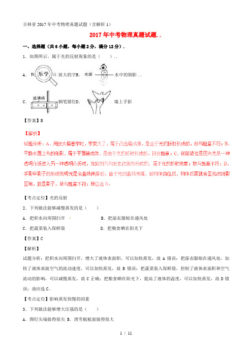 吉林省2017年中考物理真题试题(含解析1)