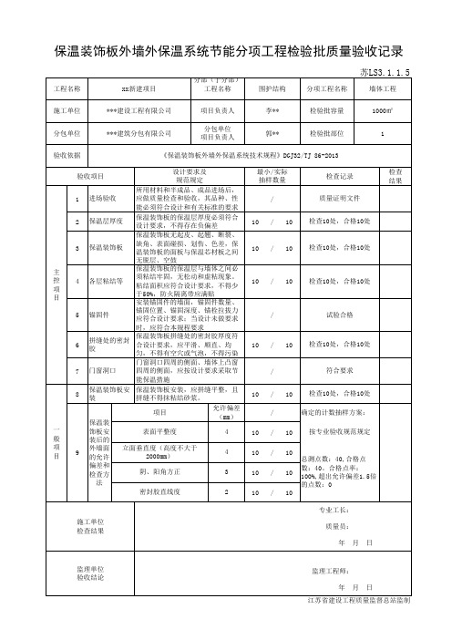 苏LS3.1.1.5保温装饰板外墙外保温系统节能分项工程检验批质量验收记录