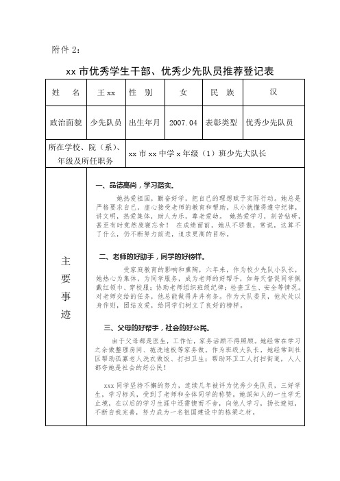 亳州市优秀学生干部、优秀少先队员推荐登记表(六一)