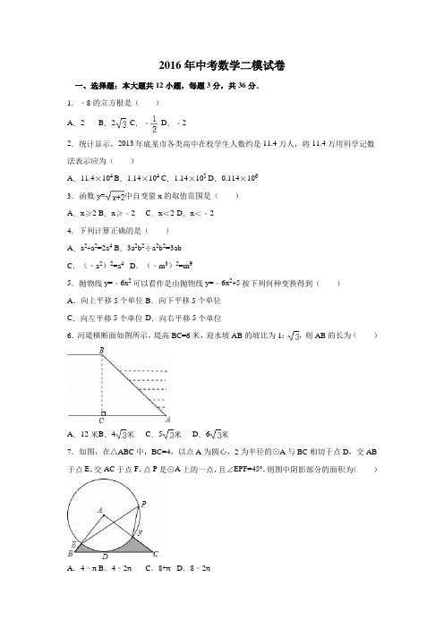 2016年中考数学二模试卷(带答案)