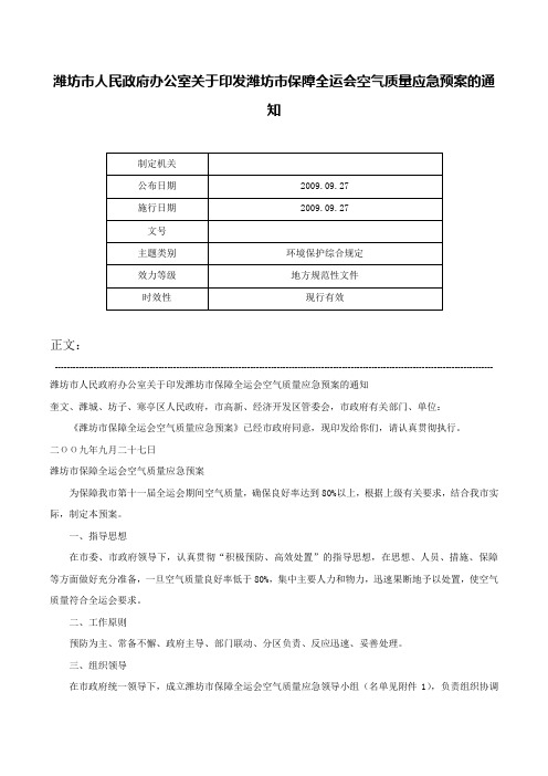 潍坊市人民政府办公室关于印发潍坊市保障全运会空气质量应急预案的通知-