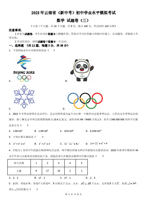 2023年云南省(新中考)初中学业水平模拟考试数学试题卷(三)