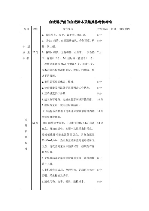 透析前血液标本采集操作考核标准