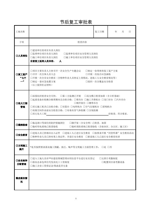 节后复工审批表