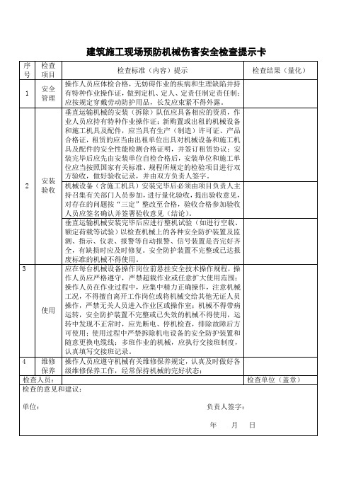 建筑施工现场预防机械伤害安全检查提示卡