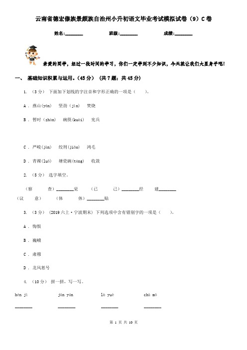 云南省德宏傣族景颇族自治州小升初语文毕业考试模拟试卷(9)C卷