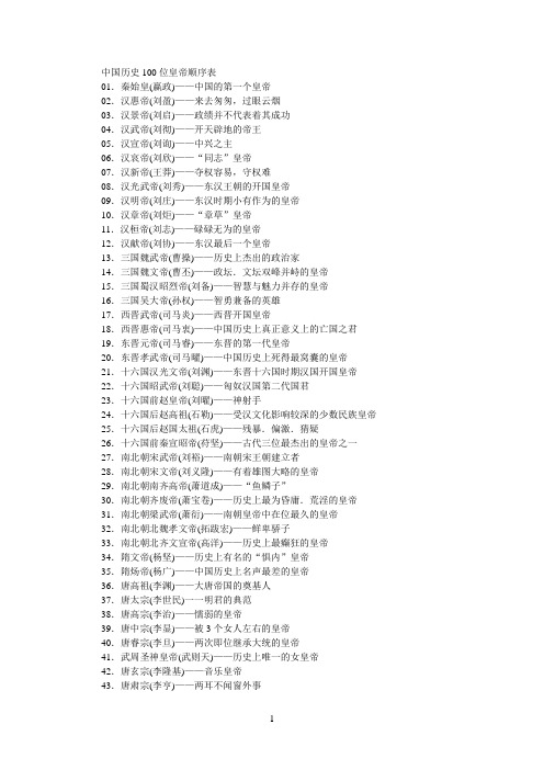 中国历史100位皇帝顺序表