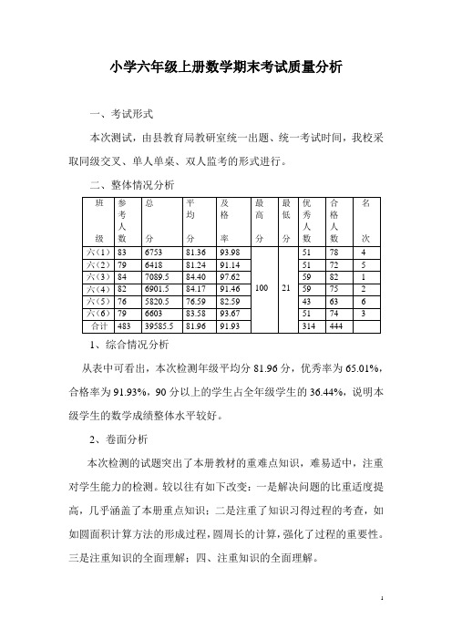 小学六年级上册数学期末考试质量分析