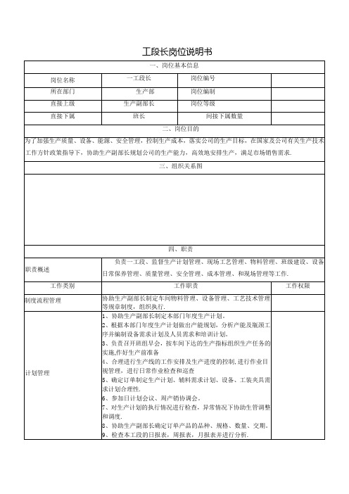 工段长岗位说明书