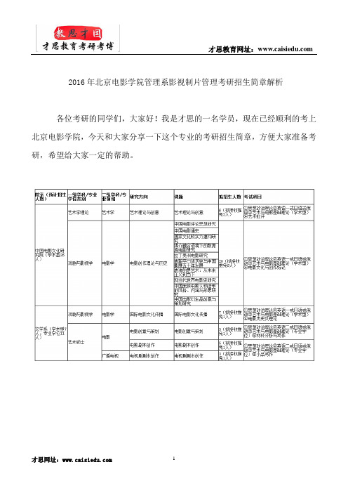 2016年北京电影学院管理系影视制片管理考研招生简章解析