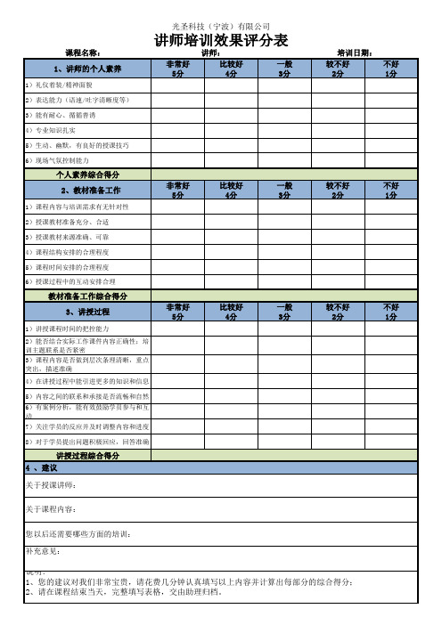 讲师培训效果评分表