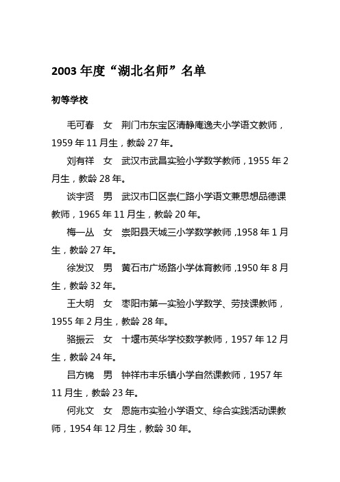 2003年至2014年度湖北名师名单(仙桃共4人)