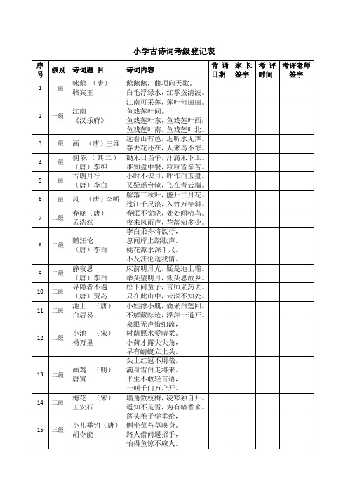 小学古诗词考级登记表