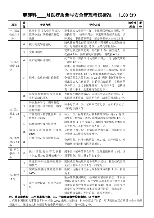 麻醉科医疗质量与安全管理考核细则