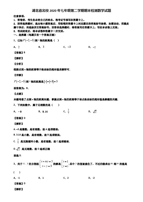 湖北省名校2020年七年级第二学期期末检测数学试题含解析