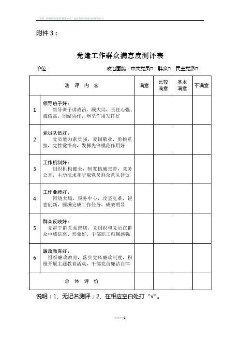 党建工作群众满意度测评表