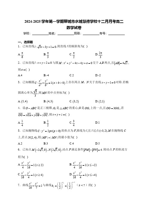 山东省聊城市水城慧德学校2024-2025学年高二上学期12月月考数学试卷(含解析)